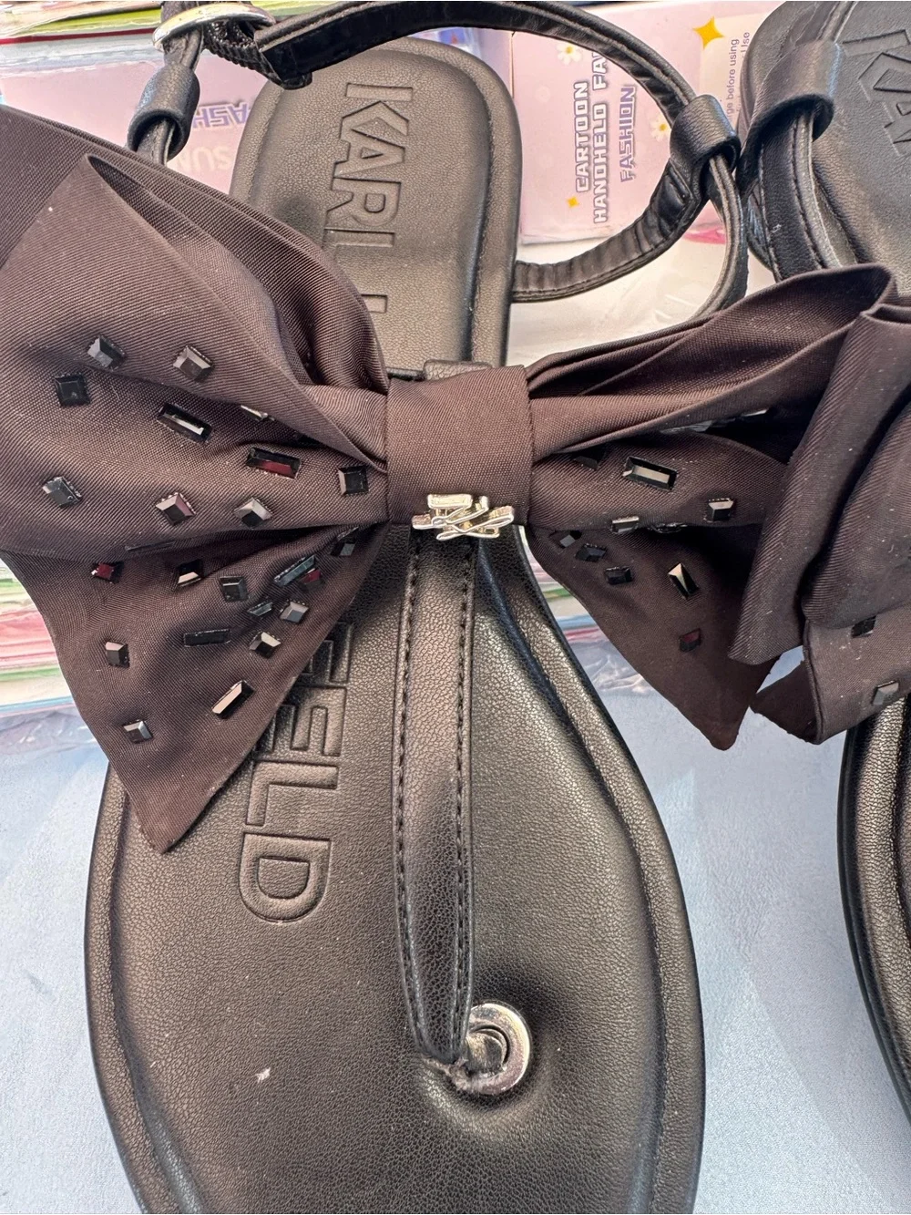 Karl Lagerfeld Black Bow Thong Sandals with Stud Detail
